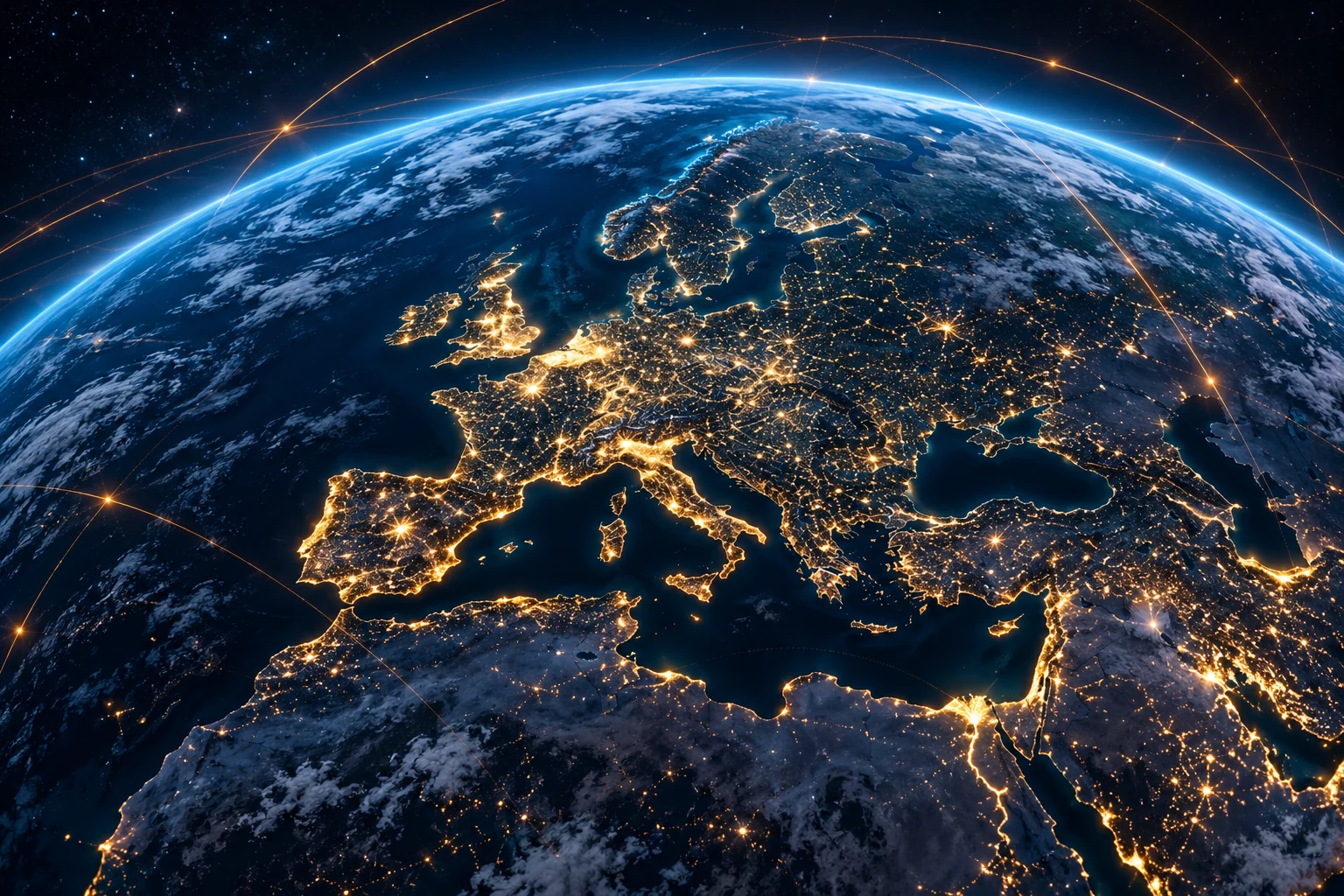 Artystyczna ilustracja Ziemi nocą z siecią połączeń